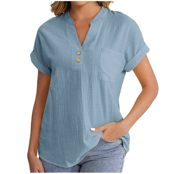 Women's Linen Shirts Summer Short Sleeve T-Shirts Top Casual Button Down V Neck Blouses Solid Color Loose Cotton Linen Pullover Top with Pocket