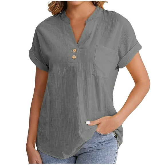 Women's Linen Shirts Summer Short Sleeve T-Shirts Top Casual Button Down V Neck Blouses Solid Color Loose Cotton Linen Pullover Top with Pocket