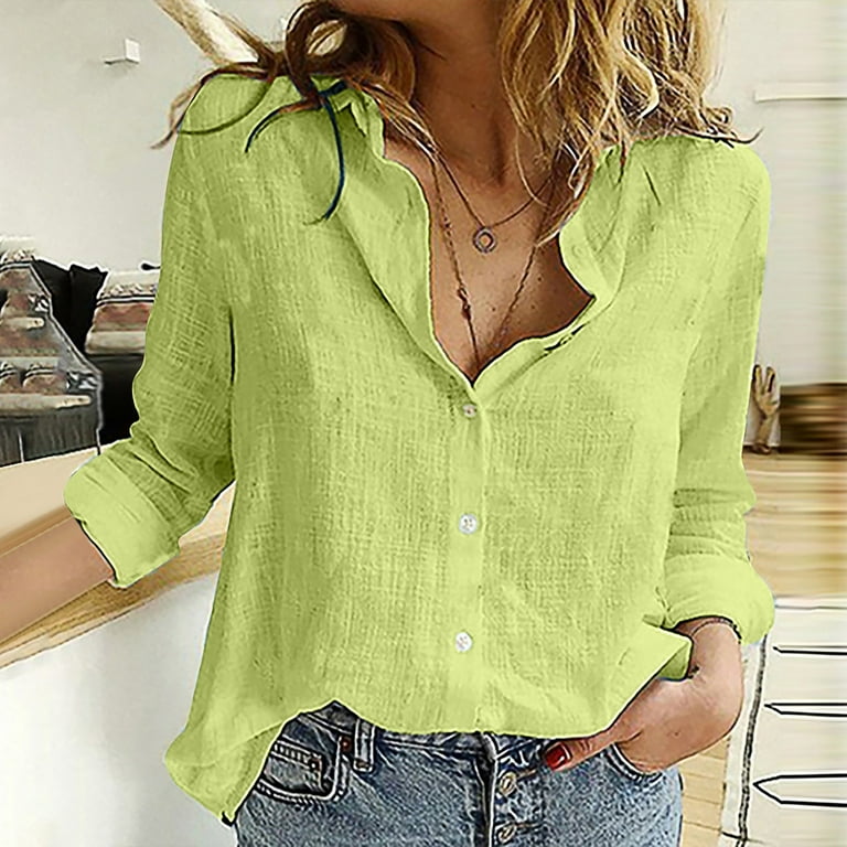 Women's Linen Shirts, V Neck Button Down Shirts Casual Roll up Long Sleeve  Blouses Tops