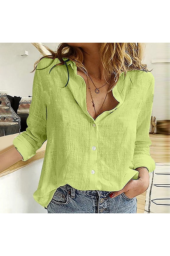 Women's Linen Shirts, V Neck Button Down Shirts Casual Roll up Long Sleeve Blouses Tops