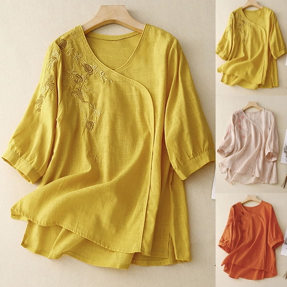 Women's Linen Short Sleeve Round Neck Top Shirt Blouse Solid Color Breathable Loose Fit Casual Summer Fashion Tunic | CSEONE,Orange XL
