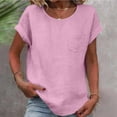 thumbnail image 1 of Women's Linen Short Sleeve T-Shirt with Patch Pocket, Solid Color Round Neck Top, 1 of 4