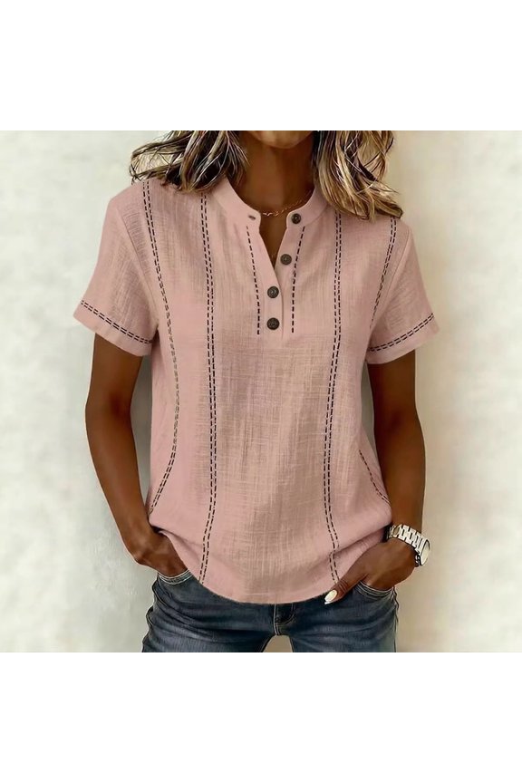 Women's Linen Short Sleeve V Neck Button Tunic Blouse