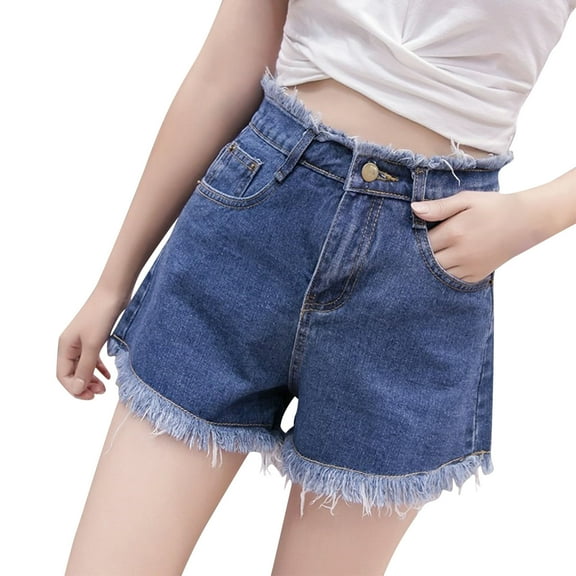 Women's Linen Short Women's Solid Color High Waisted Denim Shorts with Frayed Edges New Blue M