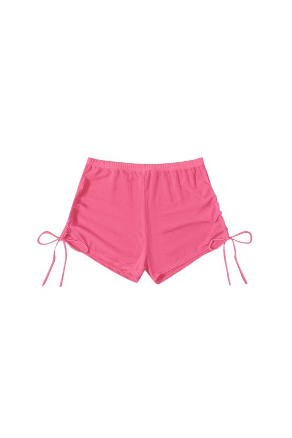 Women's Linen Short Women's Summer Solid Color Four Corner Transparent Mesh Drawstring Beach Shorts New Pink M