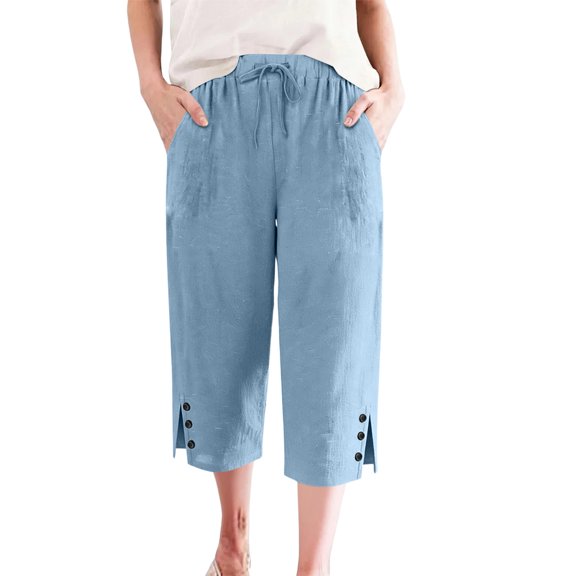 Women's Linen Shorts Bermuda Shorts Knee Length Casual Summer Capri Pants Pull On Long Shorts Light Blue XL 15" Inseam
