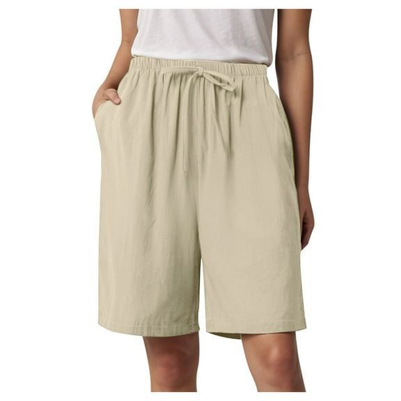 Women's Linen Shorts Casual Bermuda Long Linen Shorts High Waisted Comfy Summer with Pockets 5" 10"