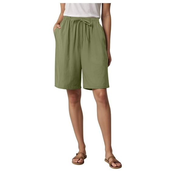 Women's Linen Shorts Casual Bermuda Long Linen Shorts High Waisted Comfy Summer with Pockets 5" 10"