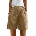 thumbnail image 1 of Women's Linen Shorts Elastic High Waist Button Wide Leg Solid Casual Loose Beach Summer Short Pants Khaki,XXL, 1 of 5