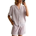 thumbnail image 1 of Women's Linen Shorts Set Casual Summer Outfit Breathable Comfortable Two Piece Streetwear Stylish Loose Fit Top and Bottom, 1 of 2