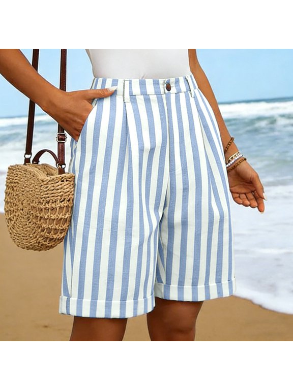 Women's Linen Shorts Striped High Waisted Work Dress Bermuda Shorts with Pockets Dressy Casual Boxer Tailored Short Dark Blue L