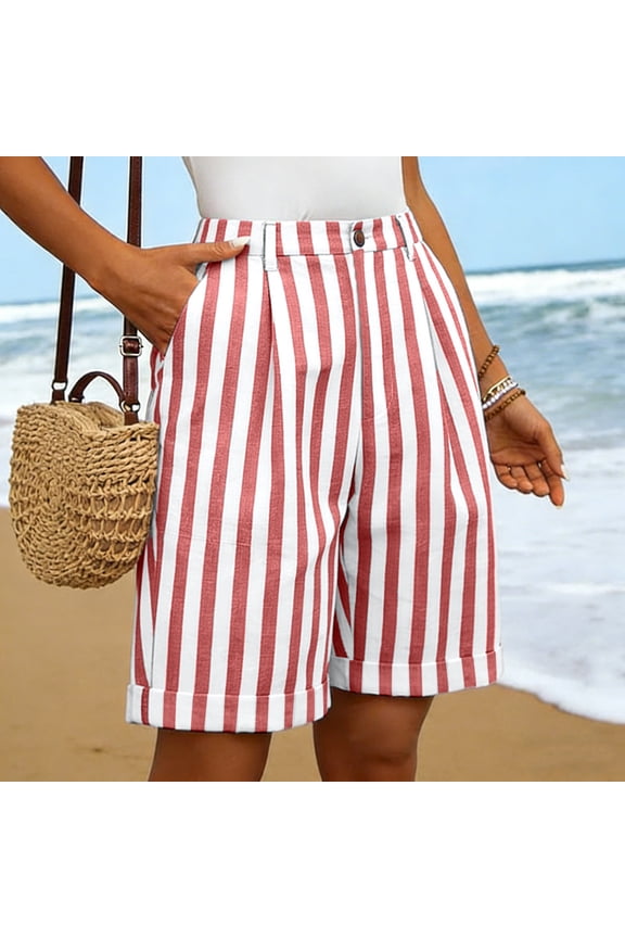 Women's Linen Shorts Striped High Waisted Work Dress Bermuda Shorts with Pockets Dressy Casual Boxer Tailored Short Red S