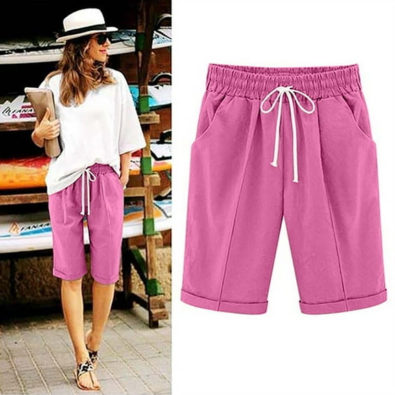 Women's Linen Shorts Summer Shorts Fashion Temperament Five Part Drawstring Pants Solid Color Loose Straight Leg Short Pants Hot Pink L