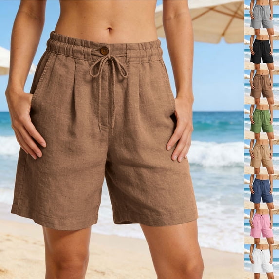 Women's Linen Shorts Summer Thin A-line Wide Leg Pants Casual Loose Breathable Cotton Linen Shorts Elastic Waist Beach Shorts with Pockets