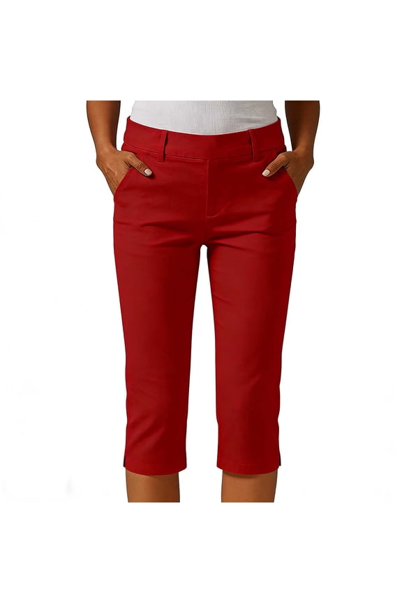 Women's Linen Shorts Womens Stretchy Capris Pants High Waisted Casual Slim Fitting Chino Cropped Pants with Pockets for Business Casual Streetwear Red XXL