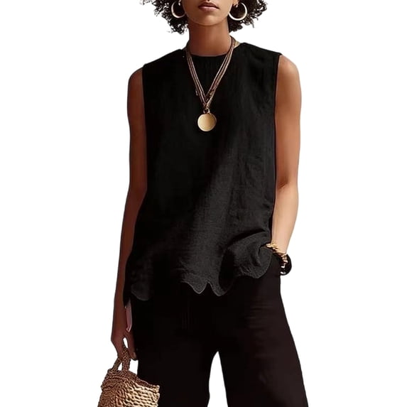 Women's Linen Sleeveless Blouse Elegant Crew Neck Scalloped Hem Tank Top for Casual Office Wear, 2XL