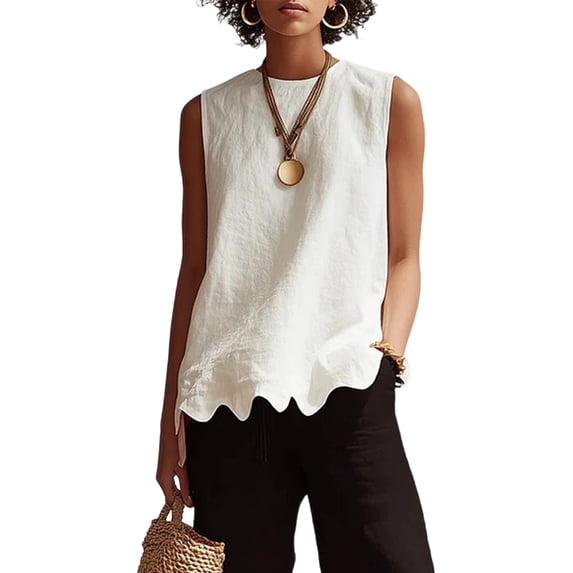 Women's Linen Sleeveless Blouse Elegant Crew Neck Scalloped Hem Tank Top for Casual Office Wear, L