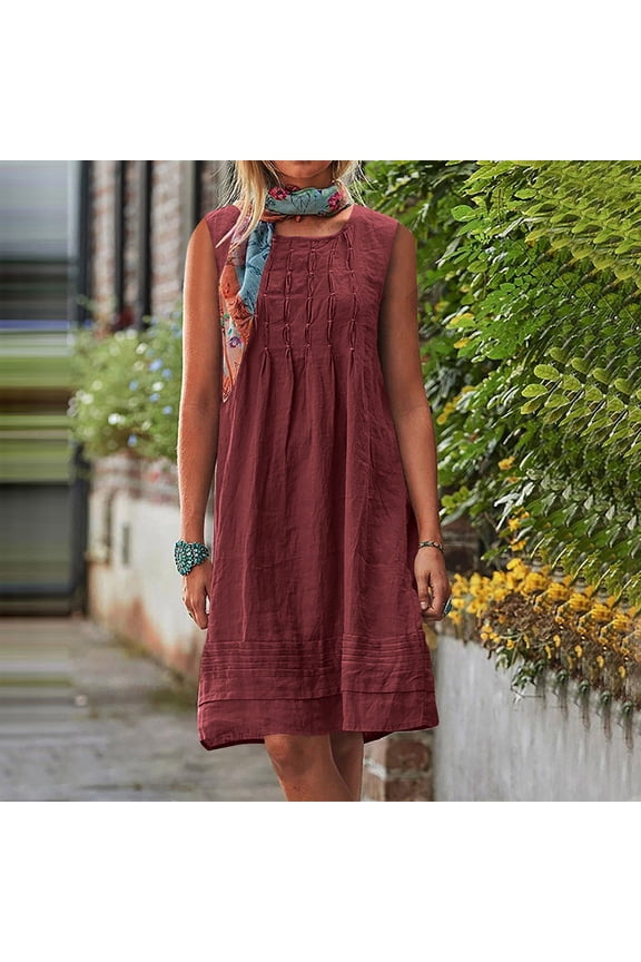 Women's Linen Sleeveless Dress, Round Neck Pleated Loose Fit Casual Dress, Soft Breathable Fabric for Summer Spring Wear