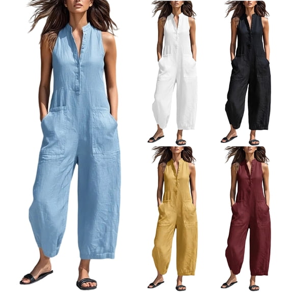 Women's Linen Sleeveless Jumpsuit Half Button Stand Collared Rompers Loose Wide Leg Jumpsuits with Pockets Black S