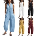 thumbnail image 1 of Women's Linen Sleeveless Jumpsuit Half Button Stand Collared Rompers Loose Wide Leg Jumpsuits with Pockets Yellow M, 1 of 4