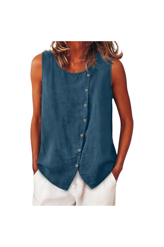 Women's Linen Sleeveless Vest, Casual Button Detail Decorative Tank Top, Comfortable Layering Piece for Spring, Summer, and Vacation Wear, Soft and Lightweight-Navy