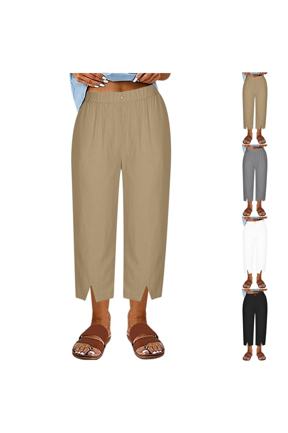 Women's Linen Slim Fit Casual Pants with Split Legs, Trousers Slacks Bottoms, Elastic Waistband Straight Leg Breathable Flowy, Solid Color Lightweight Comfy, Business Office Work Travel Lounge Wear