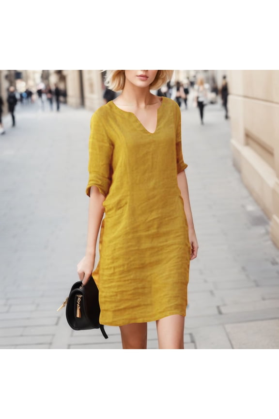 Women's And Linen Small V Neck Splicing Retro Solid Color Quarter Sleeve Dress Women Surplice Dress Maternity Dress for Women Form Fitting Dress Lost Ink Dresses Women Business Casual Dress Dresses
