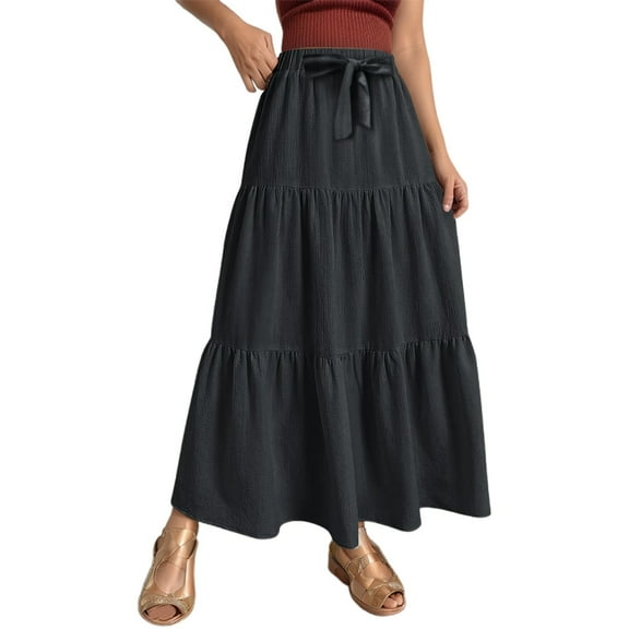 Women's Linen Solid A Line Wrap Skirt - Drawstring, Ruffle Hem, High Waisted, Sexy Beach Maxi Skirt