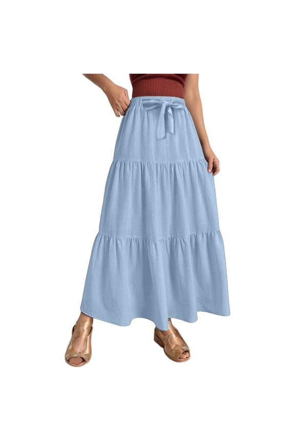 Women's Linen Solid A Line Wrap Skirt - Drawstring, Ruffle Hem, High Waisted, Sexy Beach Maxi Skirt
