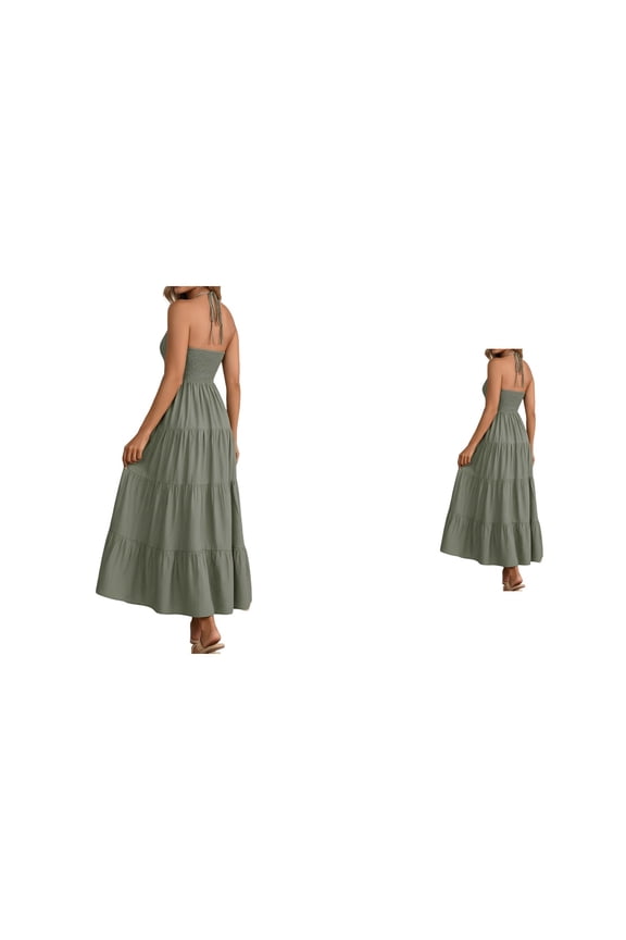 Women's Linen Solid Back Smocked Maxi Dress – Flowy Boho Ruched Ruffle Milkmaid Style for Spring Summer Wedding Guest or Vacation Outing