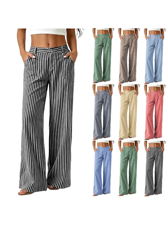 Women's Linen Straight Leg Casual Pants, High Waist Elastic Waist with Pockets, Soft Cotton Comfortable Straight Leg, Dressy Casual Business Lounge Summer Beach, Womens Trousers