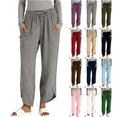 thumbnail image 1 of Women's Linen Straight-Leg Pants Casual Solid Color Stretch Waistband with Pockets Drawstring Asymmetrical Hem Trouser-Style Pants S-2XL, 1 of 7