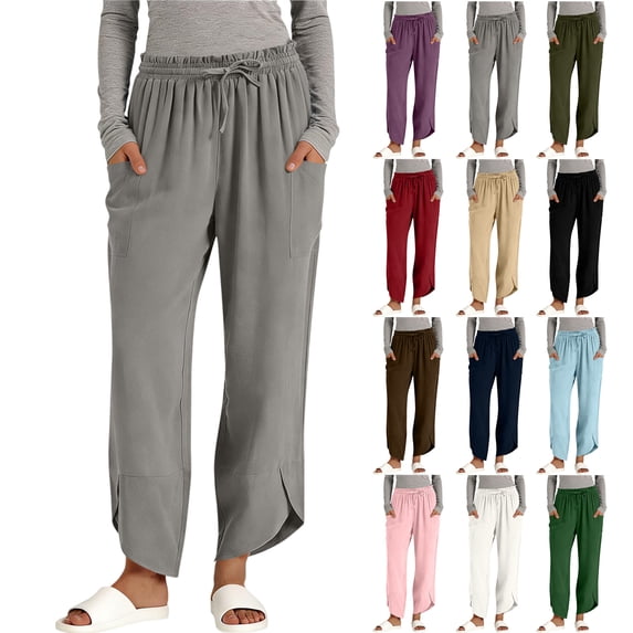 Women's Linen Straight-Leg Pants Casual Solid Color Stretch Waistband with Pockets Drawstring Asymmetrical Hem Trouser-Style Pants S-2XL