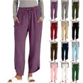 thumbnail image 1 of Women's Linen Straight-Leg Pants Casual Solid Color Stretch Waistband with Pockets Drawstring Asymmetrical Hem Trouser-Style Pants S-2XL, 1 of 7