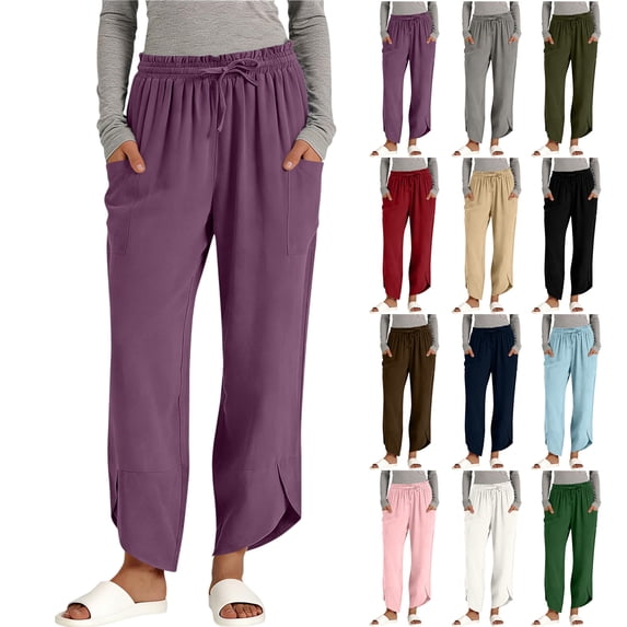 Women's Linen Straight-Leg Pants Casual Solid Color Stretch Waistband with Pockets Drawstring Asymmetrical Hem Trouser-Style Pants S-2XL