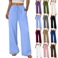 thumbnail image 1 of Women's Linen Straight Pants Solid-Color Stretched-Waist Drawstring Wide-Leg Trousers with Pockets for Spring And Summer S-2XL, 1 of 9