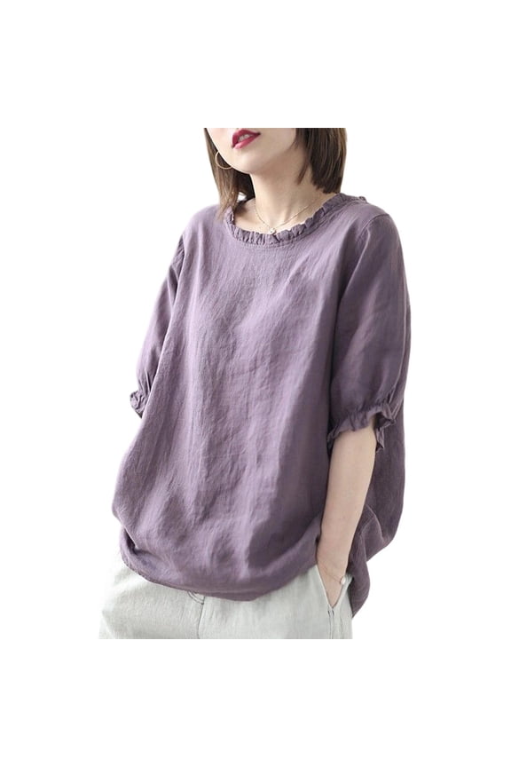 Women's Linen-Style Short-Sleeve Top Ruffled Round Neck Ruffled Bubble Half-Sleeves Summer Loose Blouses Casual Shirt Tops