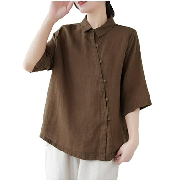 Women's Linen Summer 3/4 Sleeve Button Down Shirt High Low Tops