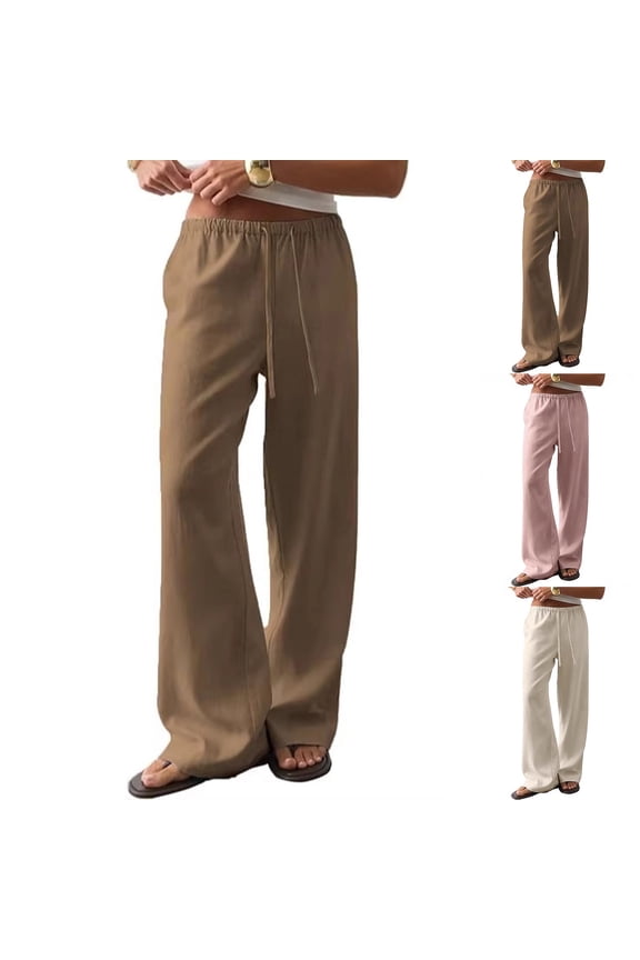 Women's Linen Summer Palazzo Pants Boho Wide Leg Drawstring High Rise Lightweight Jogger Sweatpants with Pockets Brown XL