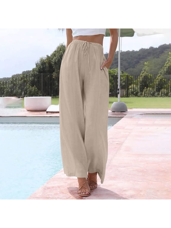 Women's Linen Summer Palazzo Pants Flowy Wide Leg Beach Pants with Pockets