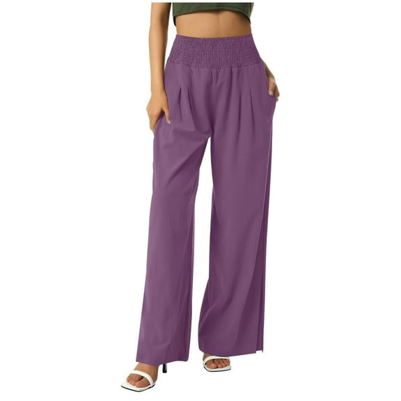Women's Linen Summer Palazzo Pants,Womens Casual Wide Leg Palazzo Pants 2024 Solid Color Comfy Breathable High Waisted Side Split Lounge Yoga Long Trousers with Pockets