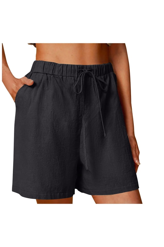 Women's Linen Summer Shorts Casual Bermuda Wide Leg Mid Length High Waisted Drawstring Short with Pocket