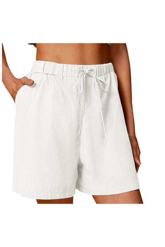 Women's Linen Summer Shorts Casual Bermuda Wide Leg Mid Length High Waisted Drawstring Short with Pocket
