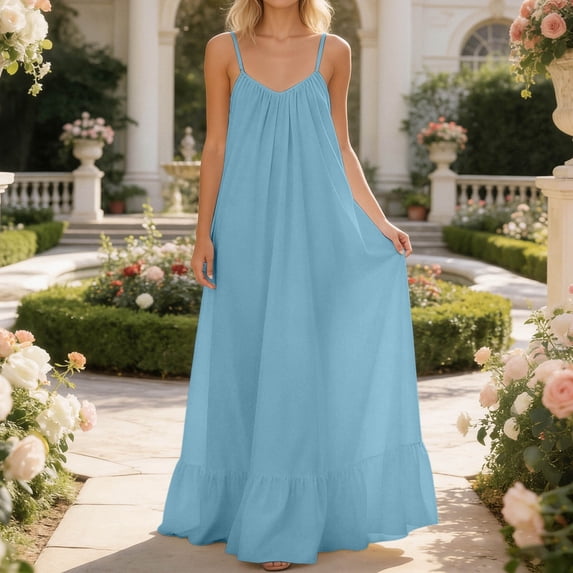 Women's Linen Summer Spaghetti Strap Maxi Dress V Neck Sleeveless Tiered Ruffle Hem Flowy Swing Long Dress Loose Fit Breathable Beach Vacation Sun Dress Evening Party