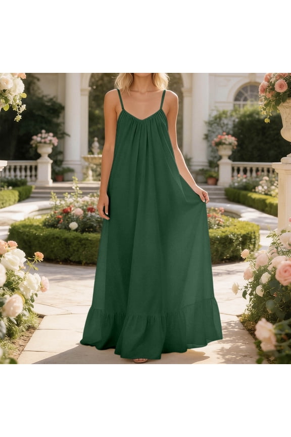 Women's Linen Summer Spaghetti Strap Maxi Dress V Neck Sleeveless Tiered Ruffle Hem Flowy Swing Long Dress Loose Fit Breathable Beach Vacation Sun Dress Evening Party