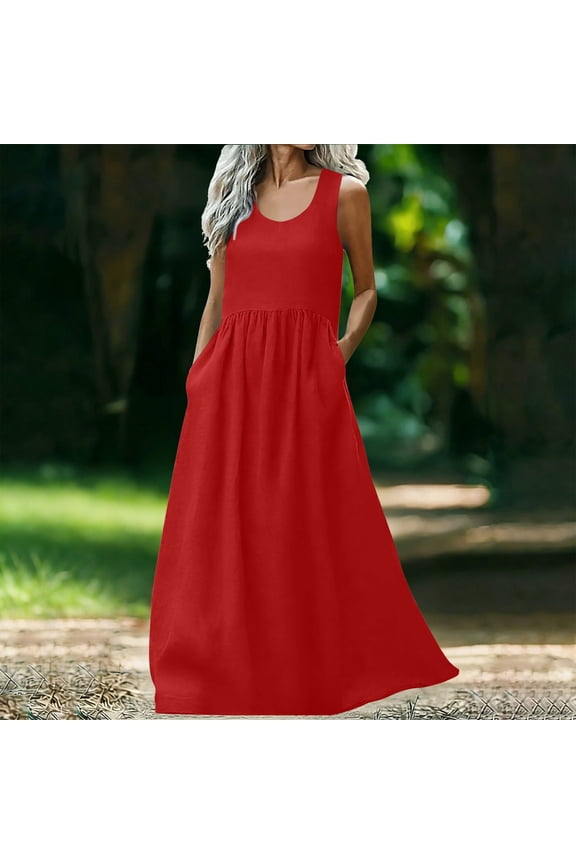 Women's Linen Summer Tank Dress Loose Fit Scoop Neck Sleeveless Empire Waist Maxi Sundress Breathable Cotton Blend Pockets Solid Pleated Casual Beach Vacation Wear