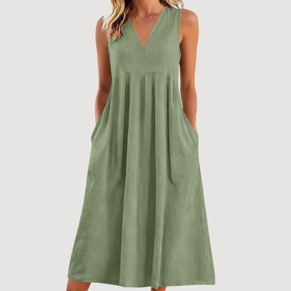 Women's Linen Summer V Neck Sleeveless Midi Dress High Waist Pleated Flowy Swing A Line Dress Functional Side Pockets Casual Loose Fit Cotton Style Vacation Dress