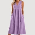 thumbnail image 1 of Women's Linen Summer V Neck Sleeveless Midi Dress High Waist Pleated Flowy Swing A Line Dress Functional Side Pockets Casual Loose Fit Cotton Style Vacation Dress, 1 of 5