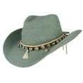 thumbnail image 1 of Women's Linen Sun Hat Wide Brim Panama Fedora Cap for Adults Summer Beach Vacation Cowgirl Hat with Seashell Rope Decor UV Protection Headwear Everyday Casual Apparel Accessory, 1 of 5