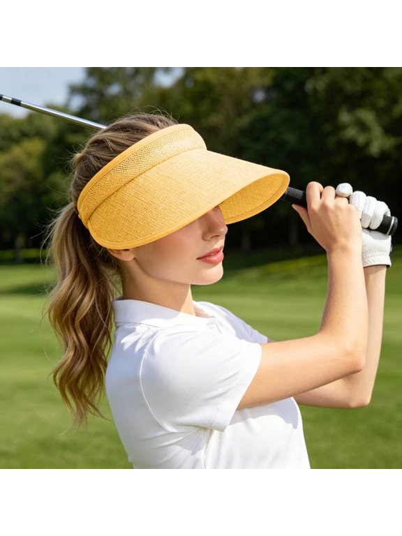 Women’s Linen Sun Visor Hat, Wide Brim UV Protection Cap, Lightweight Adjustable Headband Visor for Golf, Beach & Outdoor Activities(Yellow)